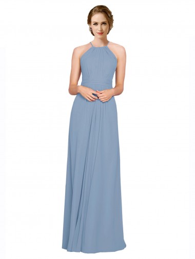 Outlet Pleated Halter Neckline A-Line Chiffon Bridesmaid with Criss Cross Back UK