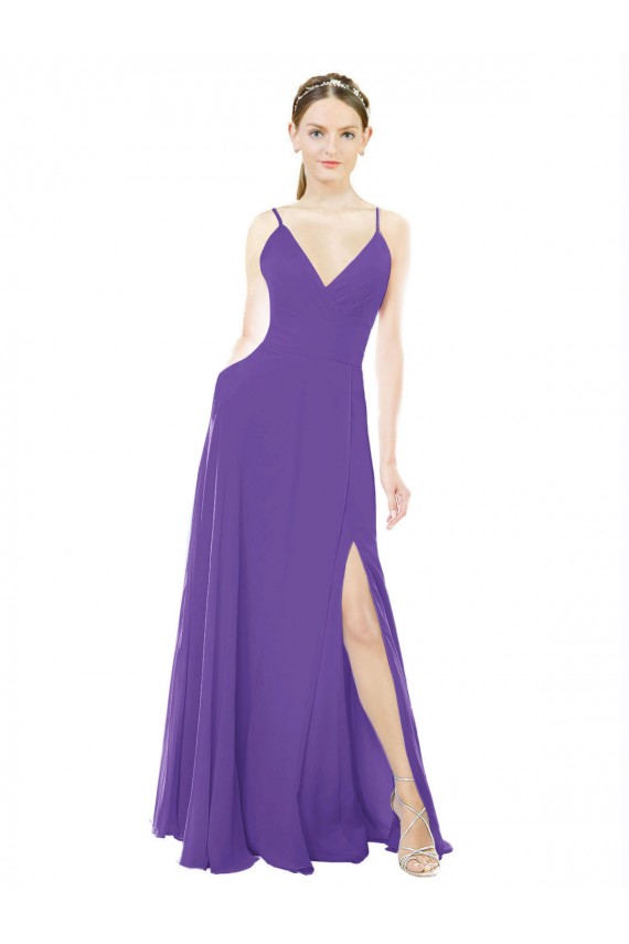 Outlet Long Chiffon A-Line Bridesmaid Dress with Deep V-Neckline and Side Slit UK