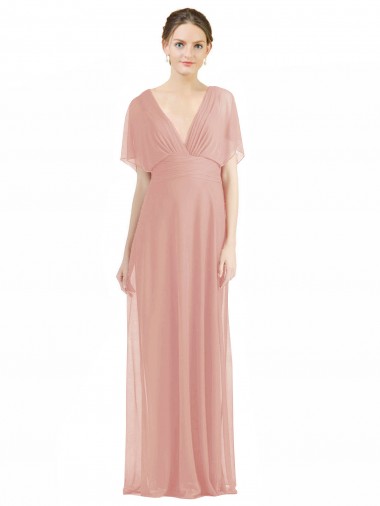 Outlet Draped Short Sleeves Long Chiffon A-Line Bridesmaid Dress UK