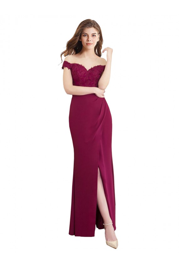 Outlet Off the Shoulder Chiffon Bridesmaid Dress with Lace Appliques and Front Slit UK