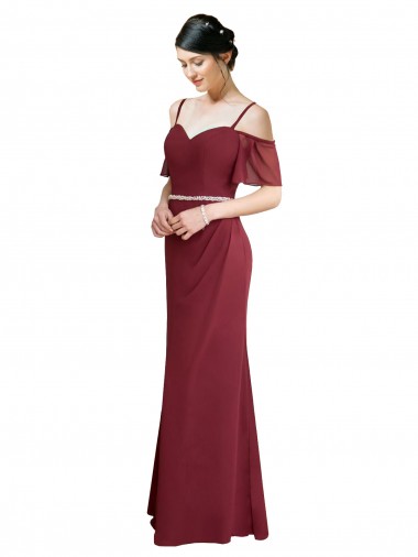 Outlet Draped Cold Shoulder Long Chiffon Bridesmaid Dress with Spaghetti Straps UK