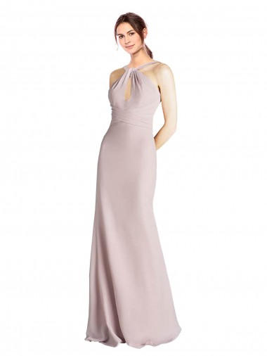 Outlet Long Slim Chiffon Bridesmaid Dress with Ruffled Waist and Keyhole UK