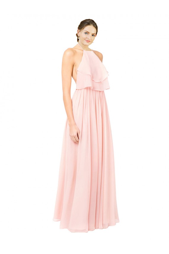 Outlet Halter Neck Chiffon Bridesmaid Dress with Double Ruffle Front UK