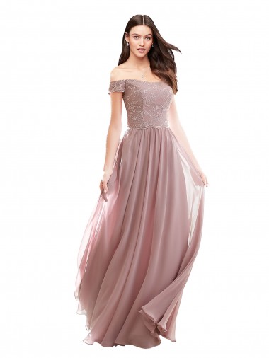 Outlet Floor Length Chantilly Lace Off the Shoulder Chiffon Bridesmaid Dress UK