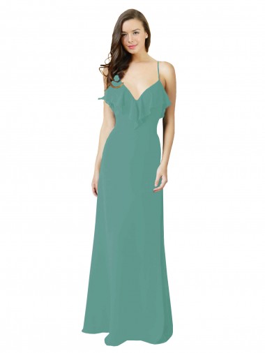 Outlet Full Length Chiffon Bridesmaid Dress with Ruffled V-Neckline UK