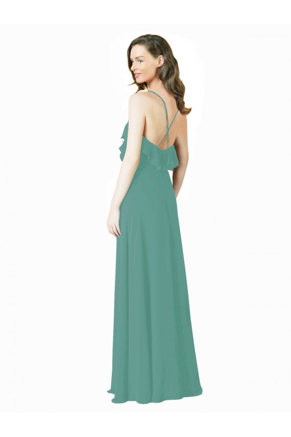 Outlet Full Length Chiffon Bridesmaid Dress with Ruffled V-Neckline UK