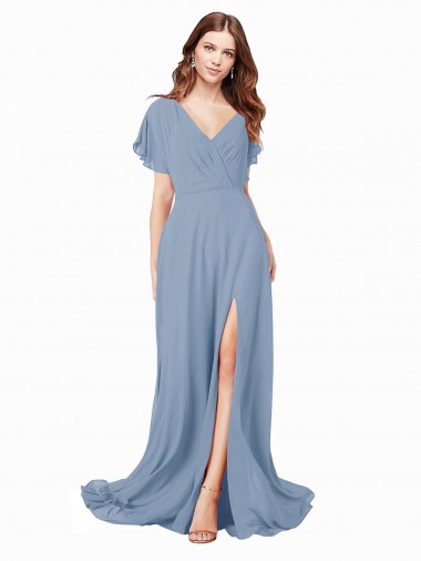 Outlet Chiffon Bridesmaid Dress / Prom Dress with Flutter Sleeves and Front Slit UK