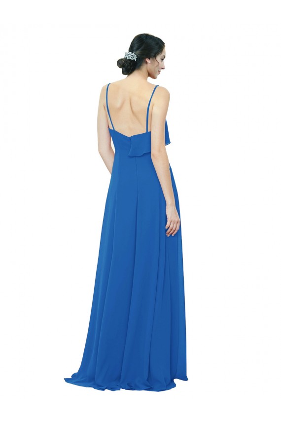 Outlet Spaghetti Strap Chiffon Bridesmaids Dress with Asymmetrical Ruffle and Front Slit UK
