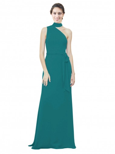 Outlet One Shoulder Chiffon Bridesmaids Dress with Scarf Tie Neckline UK