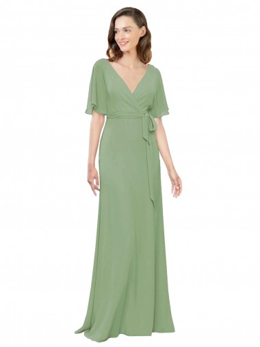 Outlet Chiffon V-Neckline Wrap Bridesmaids Dress With Double Flutter Sleeve UK