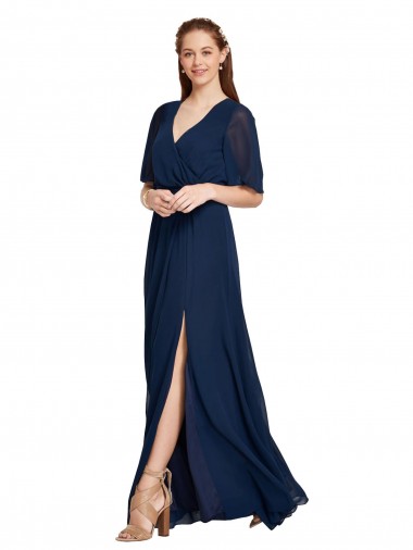 Outlet V-Neck Plush Chiffon Bridesmaid Dress with Flutter Sleeves UK