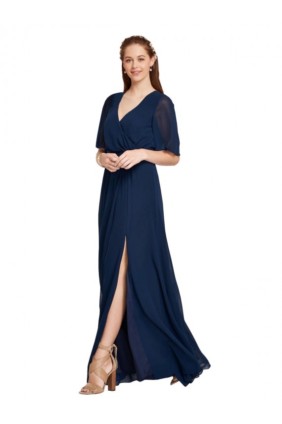 Outlet V-Neck Plush Chiffon Bridesmaid Dress with Flutter Sleeves UK