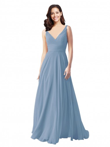 Outlet Long Chiffon V-Neck and Self Sash Bridesmaid Dress with Shirred Criss Cross Bodice UK