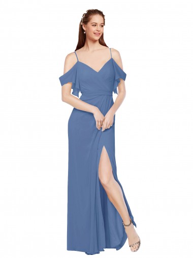Outlet Mock-Wrap Off the Shoulder Long Chiffon Bridesmaid Dress with Side Slit UK