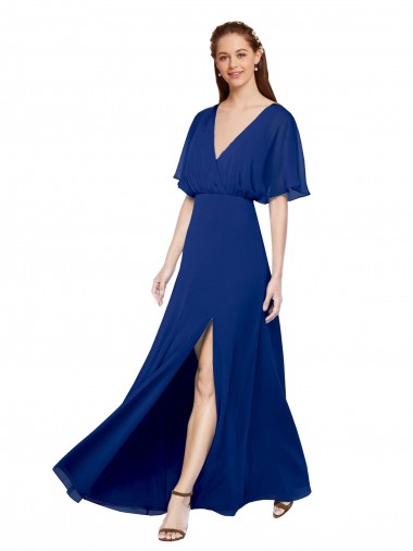 Outlet V-Neck Long Chiffon Bridesmaid Dress with Dolman Sleeved Bodice and Slit UK