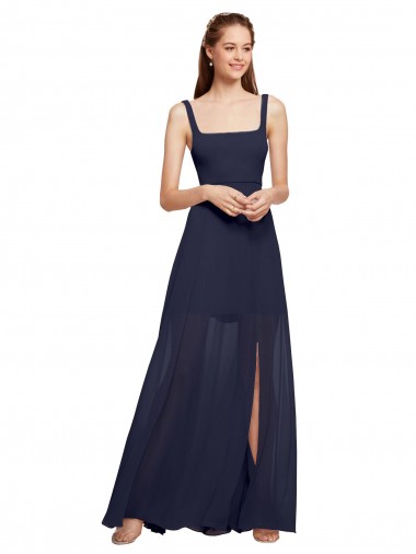 Outlet Squre Necked Long Chiffon Bridesmaid Dress with Front Slit UK