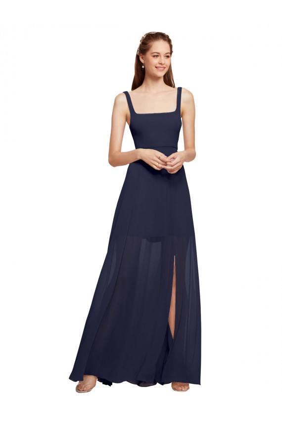 Outlet Squre Necked Long Chiffon Bridesmaid Dress with Front Slit UK