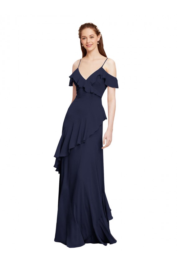 Outlet Cascading Ruffles Long Chiffon Bridesmaid Dress with Cold Shoulder UK