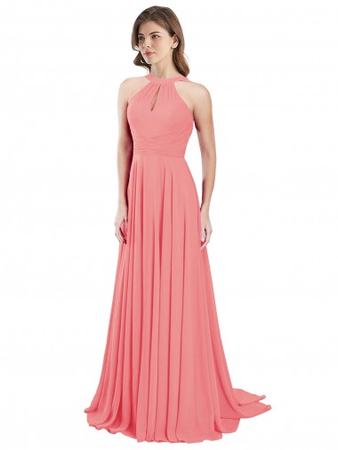 Outlet Draped A-Line Chiffon Bridesmaid Dress with Halter Keyhole Neckline UK