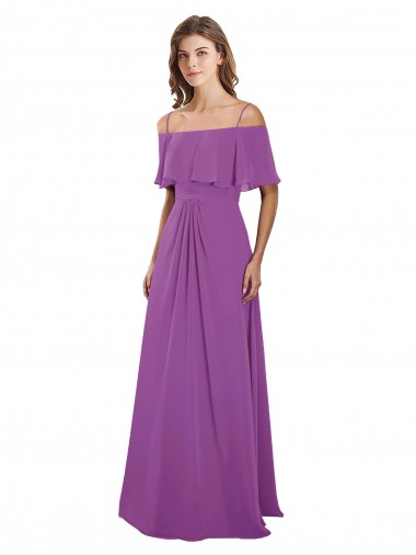 Outlet Draped Off The Shoulder Chiffon Bridesmaid Dress with Spaghetti Straps and Ruffled Neckline UK