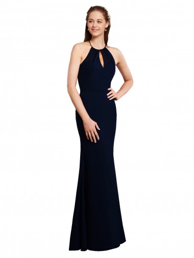 Outlet Fluted Long Chiffon Bridesmaid Dress with Halter Neckline and Keyhole UK