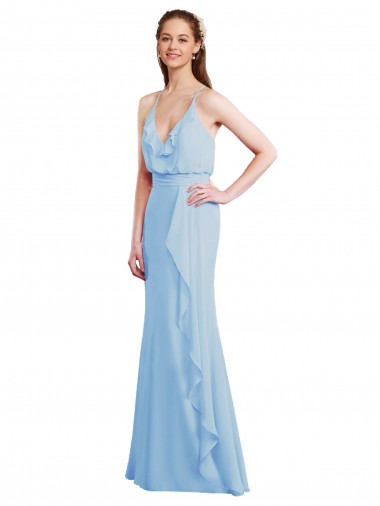 Outlet Fluted Long Chiffon Bridesmaid Dress with Cascading Ruffles UK