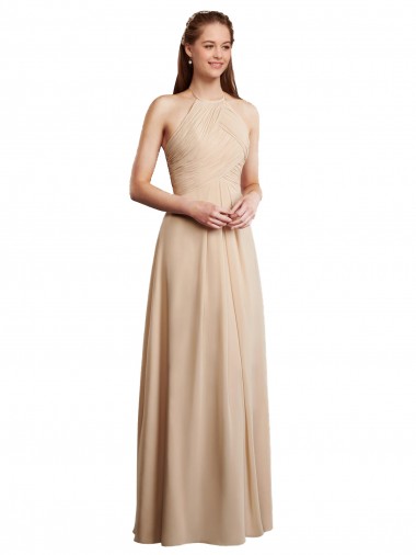 Outlet Draped Halter Neck Long Chiffon Bridesmaid Dress with Tie Back UK
