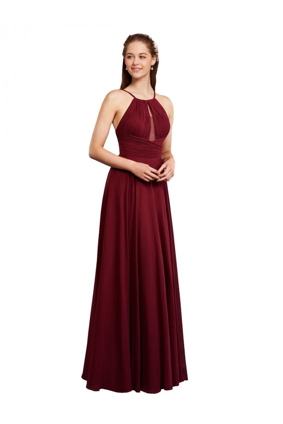 Outlet Long A-Line Halter Neck Chiffon Bridesmaid Dress with Draped Bodice UK