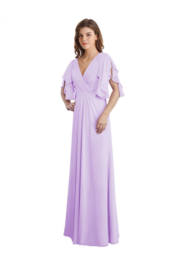 Outlet A-Line Draped Chiffon Bridesmaid Dress with V-Neck and Split Sleeves UK