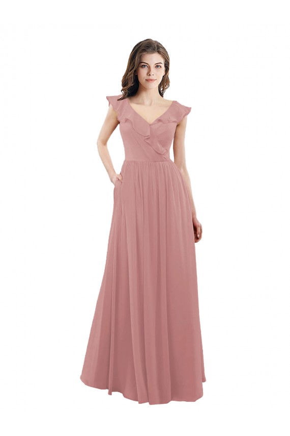 Outlet Chiffon A-Line Bridesmaid Dress with V-Neck Wrap Bodice UK