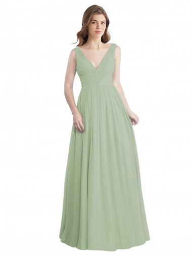 Outlet V-Neck A-Line Long Chiffon Bridesmaid Dress with Draped Bodice UK