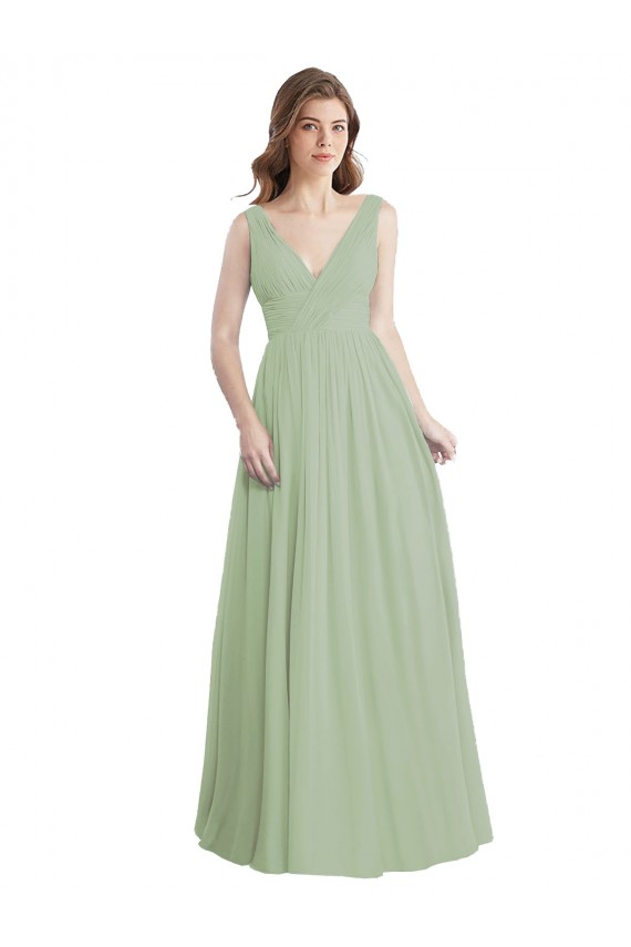 Outlet V-Neck A-Line Long Chiffon Bridesmaid Dress with Draped Bodice UK