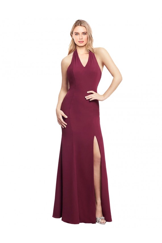 Outlet Chiffon Mermaid Bridesmaid Dress with Back Tie Halter Straps and Side Slit UK