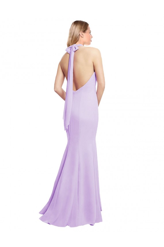 Outlet Chiffon Mermaid Bridesmaid Dress with Back Tie Halter Straps and Side Slit UK