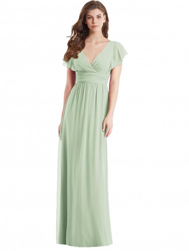 Outlet Flutter Sleeves Draped Wrap V-Neck Chiffon Bridesmaid Dress UK