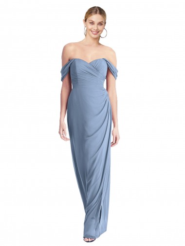 Outlet Full Length Draped Off the Shoulder Maxi Bridesmaid Dress with Shirred Streamer UK