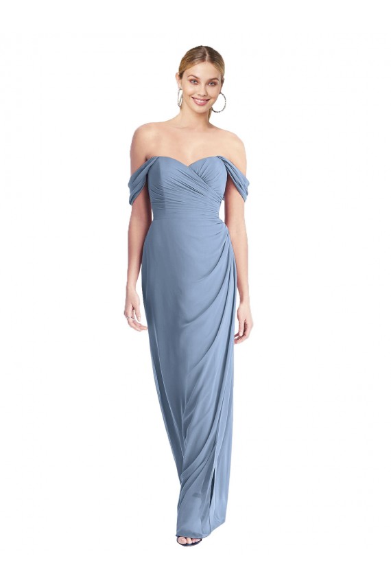 Outlet Full Length Draped Off the Shoulder Maxi Bridesmaid Dress with Shirred Streamer UK