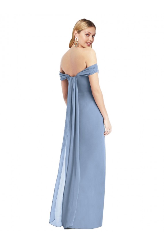 Outlet Full Length Draped Off the Shoulder Maxi Bridesmaid Dress with Shirred Streamer UK