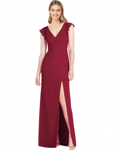 Outlet Ruffled Sleeves Mermaid Chiffon Bridesmaid Dress with Front Slit UK
