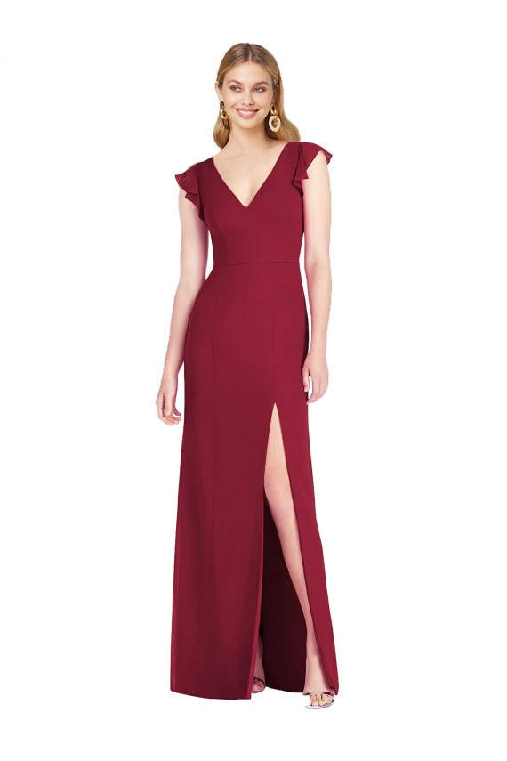 Outlet Ruffled Sleeves Mermaid Chiffon Bridesmaid Dress with Front Slit UK