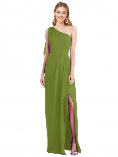 Outlet One Shoulder Chiffon Bridesmaid Dress with Draped Front Slit UK