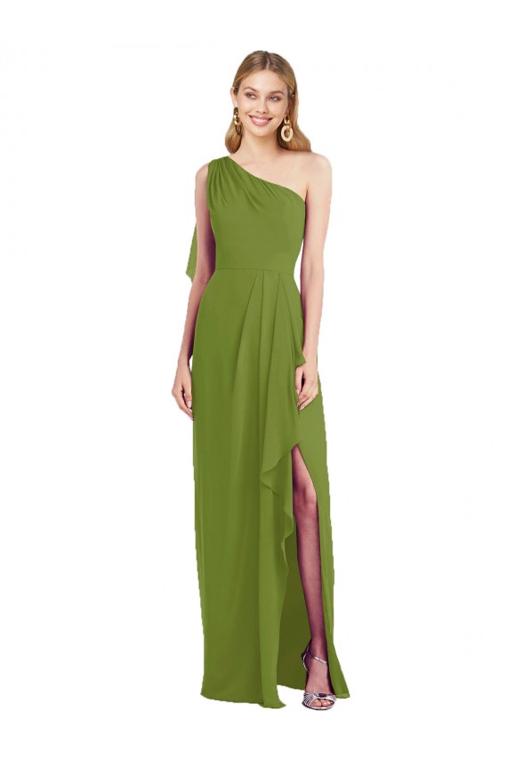 Outlet One Shoulder Chiffon Bridesmaid Dress with Draped Front Slit UK