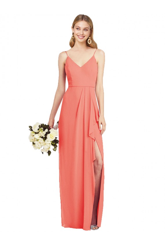 Outlet Spaghetti Strap Draped Skirt Chiffon Bridesmaid Dress with Front Slit UK