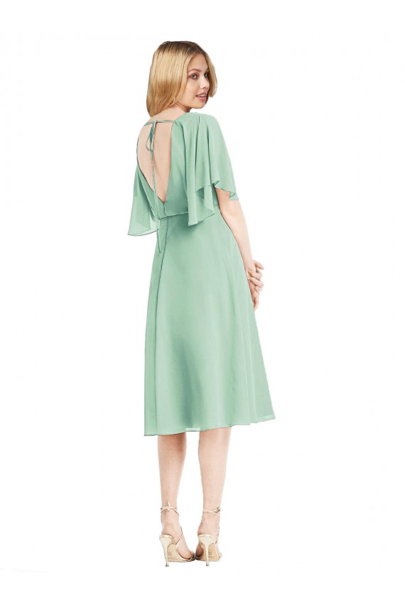Outlet Open Back Flutter Sleeves Cocktail Length Chiffon Bridesmaid Dress UK