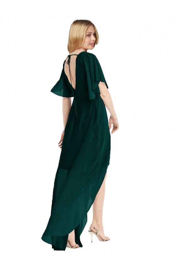 Outlet Plunging V Back Flutter Sleeves Cocktail Length Chiffon Bridesmaid Dress UK