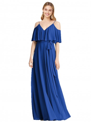 Outlet Spaghetti Straps V-Neck Chiffon Bridesmaid Dress with Sash Tie UK