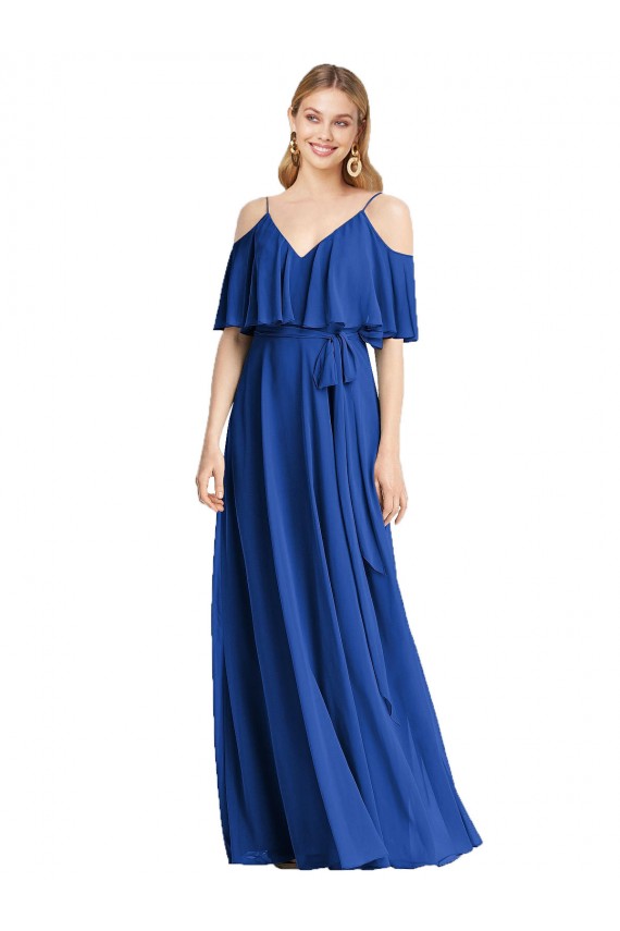 Outlet Spaghetti Straps V-Neck Chiffon Bridesmaid Dress with Sash Tie UK