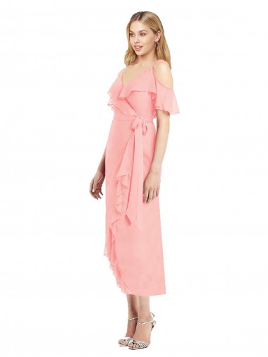 Outlet Cocktail Wrap Chiffon Bridesmaid Dress with Fluttering Ruffles UK