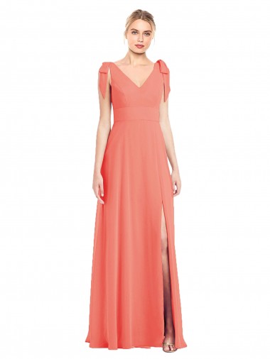 Outlet Full Length Bow-Shoulder V-Back Chiffon Bridesmaid Dress with Front Slit UK