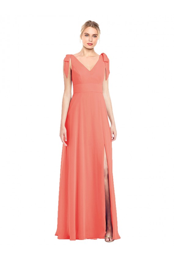 Outlet Full Length Bow-Shoulder V-Back Chiffon Bridesmaid Dress with Front Slit UK